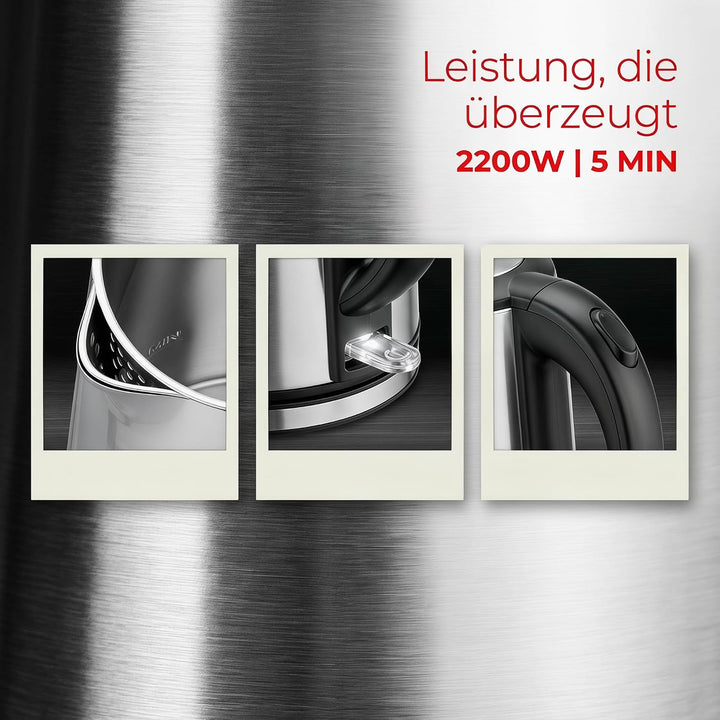 Trisa Wasserkocher Edelstahl 1,5L Silber, Doppelwandig und Cool-Touch,Strix, Silber