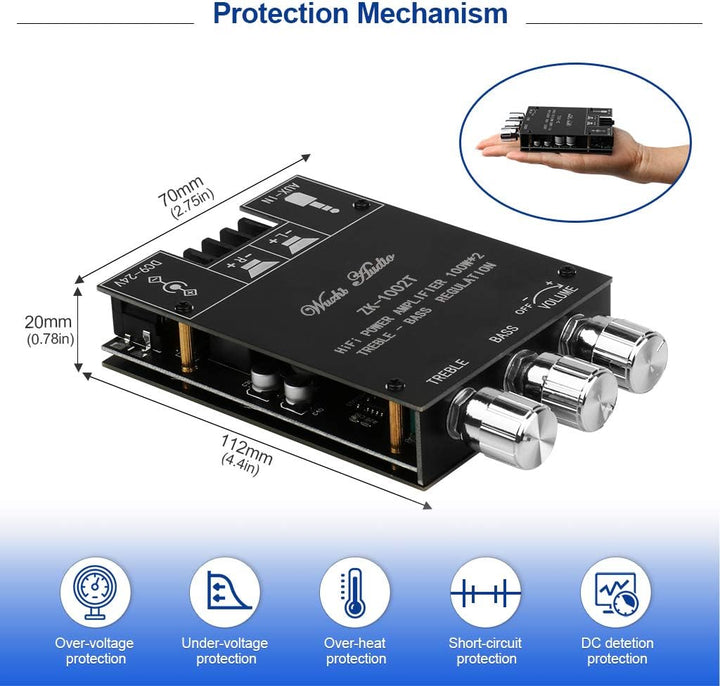 HiFi-Verstärker ZK-1002T Mini Bluetooth5.0 Verstärker Modul 2.0 Kanal 200W Stereo Audioverstärker DC