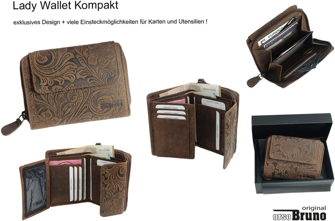 orso Bruno original Damen Portemonnaie Leder braun Gemustert mittelgross Damengeldbörse mittelgross