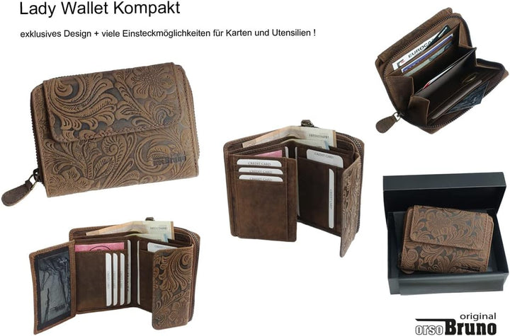 orso Bruno original Damen Portemonnaie Leder braun Gemustert mittelgross Damengeldbörse mittelgross