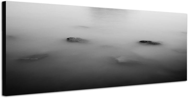 Paul Sinus Art Panoramabild auf Leinwand und Keilrahmen 150x50cm See Insel Steine Baum Nebel Dunst