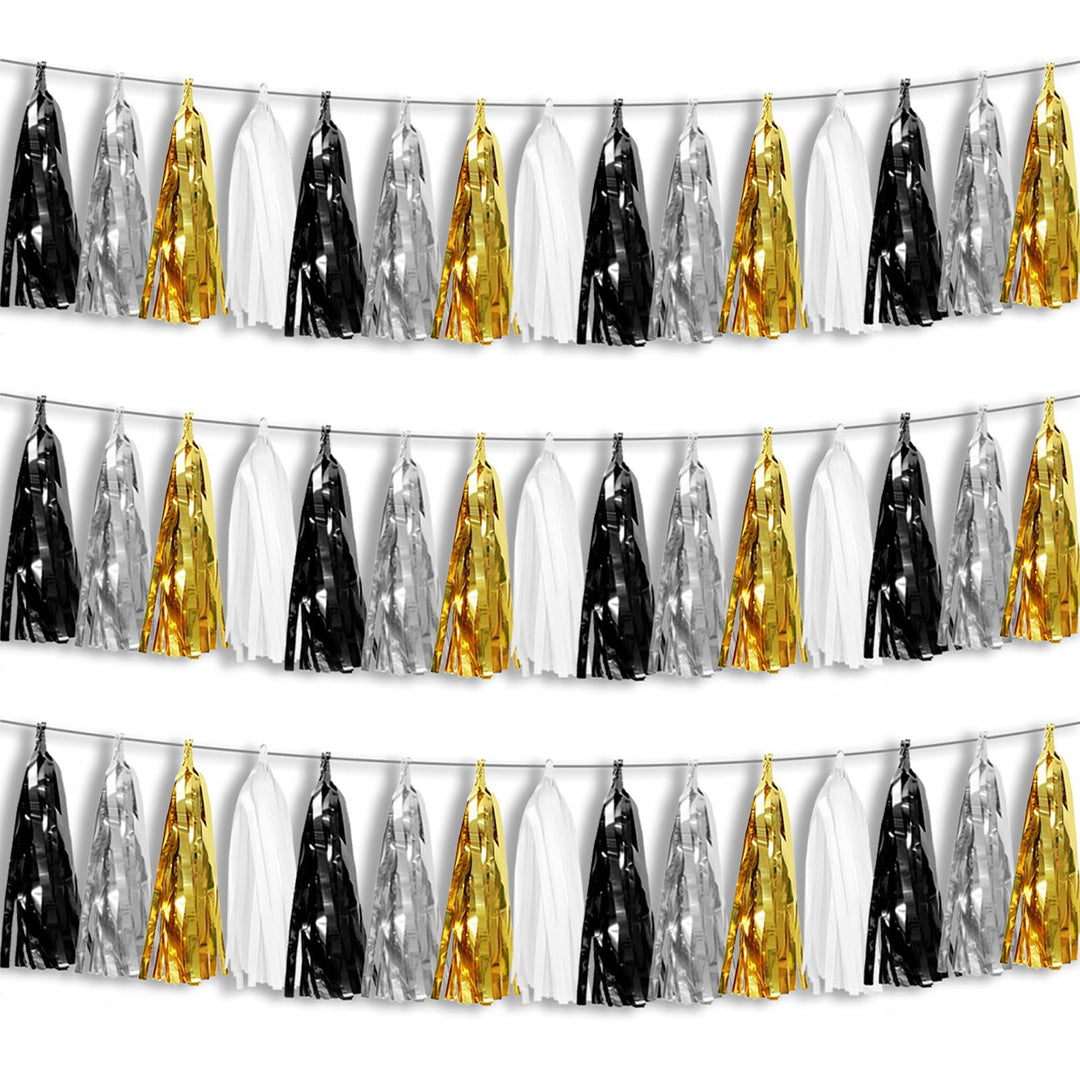 3P Schwarz Gold Silber Folie Fransen Metallic Quaste Girlande, Quasten Banner Luftschlangen für Para