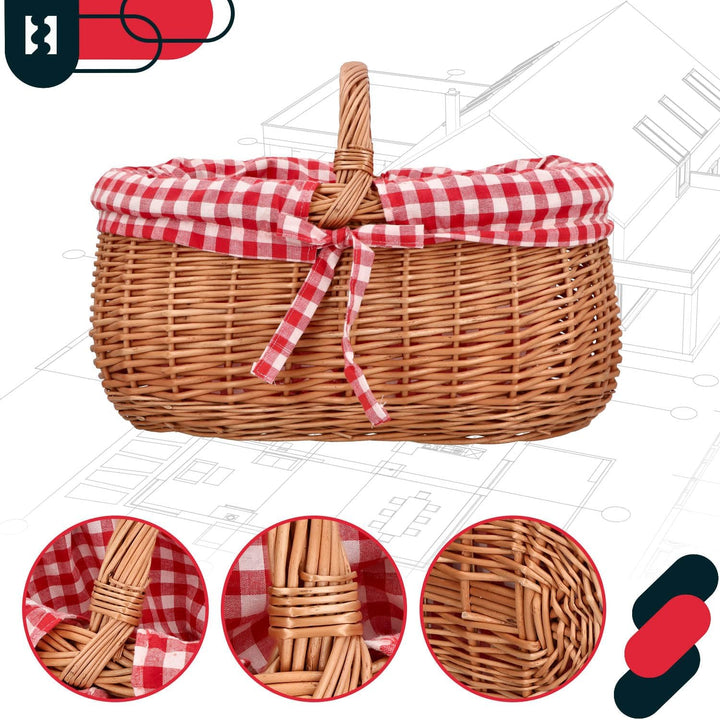 KOTARBAU® Picknickkorb Weidenkorb 46 cm Naturfarbe Einkaufskorbmit rot kariertem Stoffeinsatz Osterk