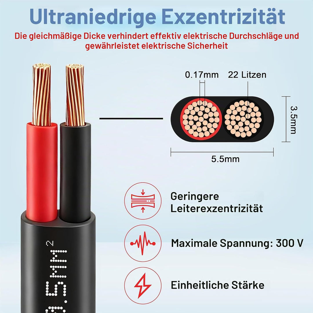 Flaches Zweiadriges Doppelkabel, 2 Leiter, 2 * 0,5 mm² 10 Meter Dünnwandiges Rotes/Schwarzes Flexibl