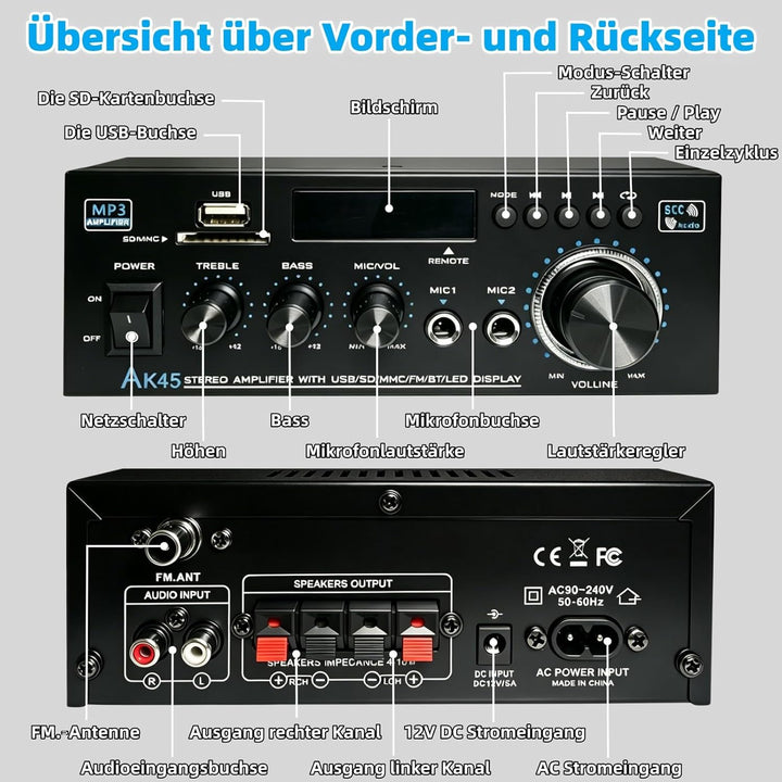 AK45 HiFi Bluetooth Verstärker Mini Stereo Audio Receiver 2.0 Kanal Endverstärker Soundverstärker mi