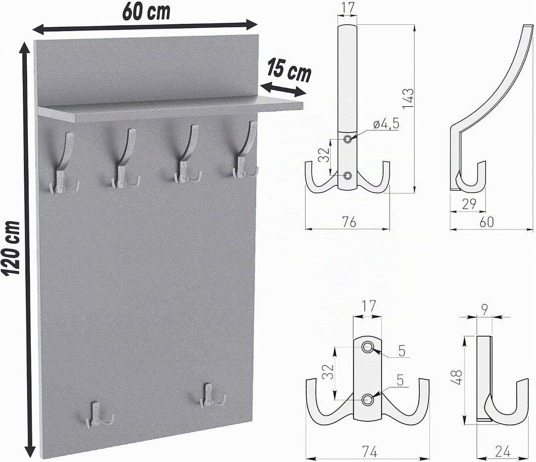 AKKE 120x60 | MAXI Garderobenpaneel Wandgarderobe Garderobe Wandpaneel Kleiderstange ALUMINIUM | SON
