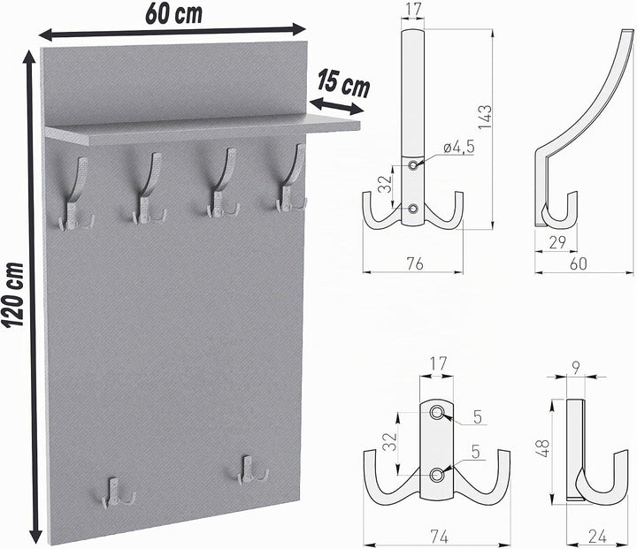 AKKE 120x60 | MAXI Garderobenpaneel Wandgarderobe Garderobe Wandpaneel Kleiderstange ALUMINIUM | SON
