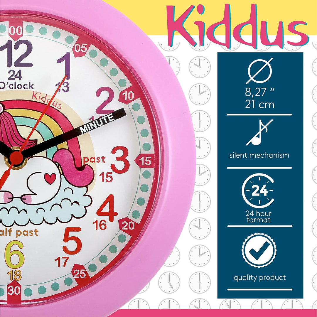 Kiddus Wanduhr für Kinder, Jungen und Mädchen. Analoger Zeitlehrer mit Zeitlernübungen. Gut lesbar,