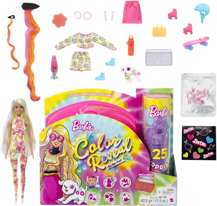 Barbie HCD26 - Color Reveal Totally Neon Fashions Puppe mit gelb gesträhnten brünetten Haaren und 25