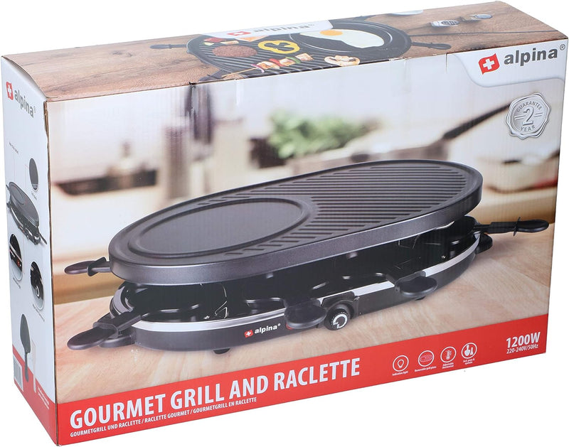 alpina Raclette-Grill - Elektrische Tischgrill - mit Pfannen und Spachteln - 1200 Watt - 8 Personen