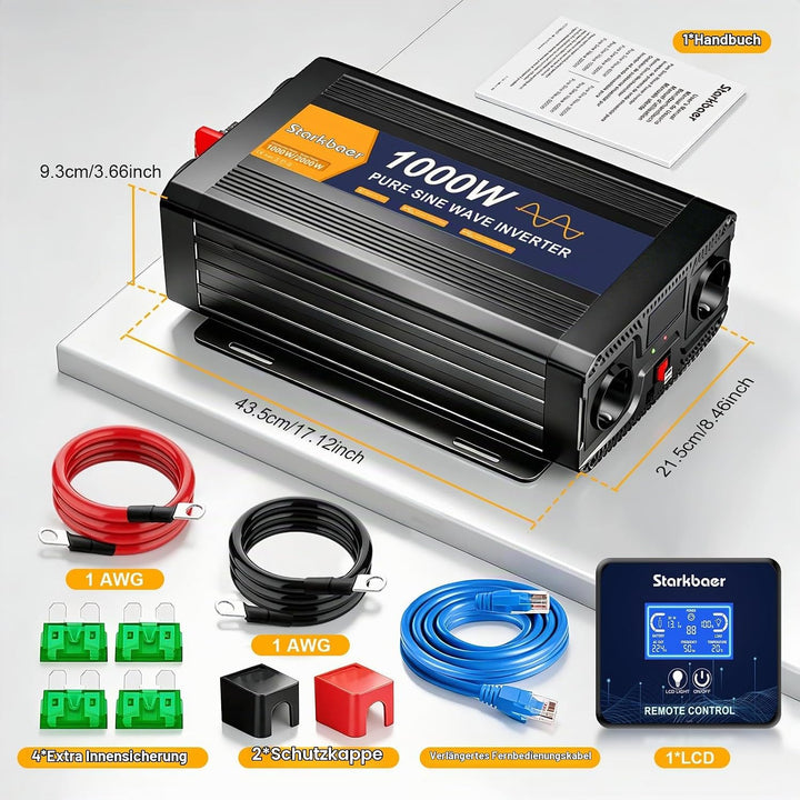 1000W Wechselrichter 12v auf 230v Reiner Sinus Spannungswandler Power Inverter KFZ Konverter mit LCD