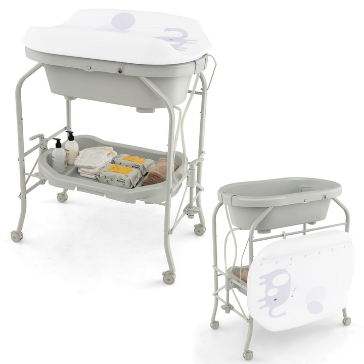 LIFEZEAL Wickeltisch mit Badewanne, 2 in 1 Flatbare Bade-Wickelkombination auf Räder, Badewannenaufs