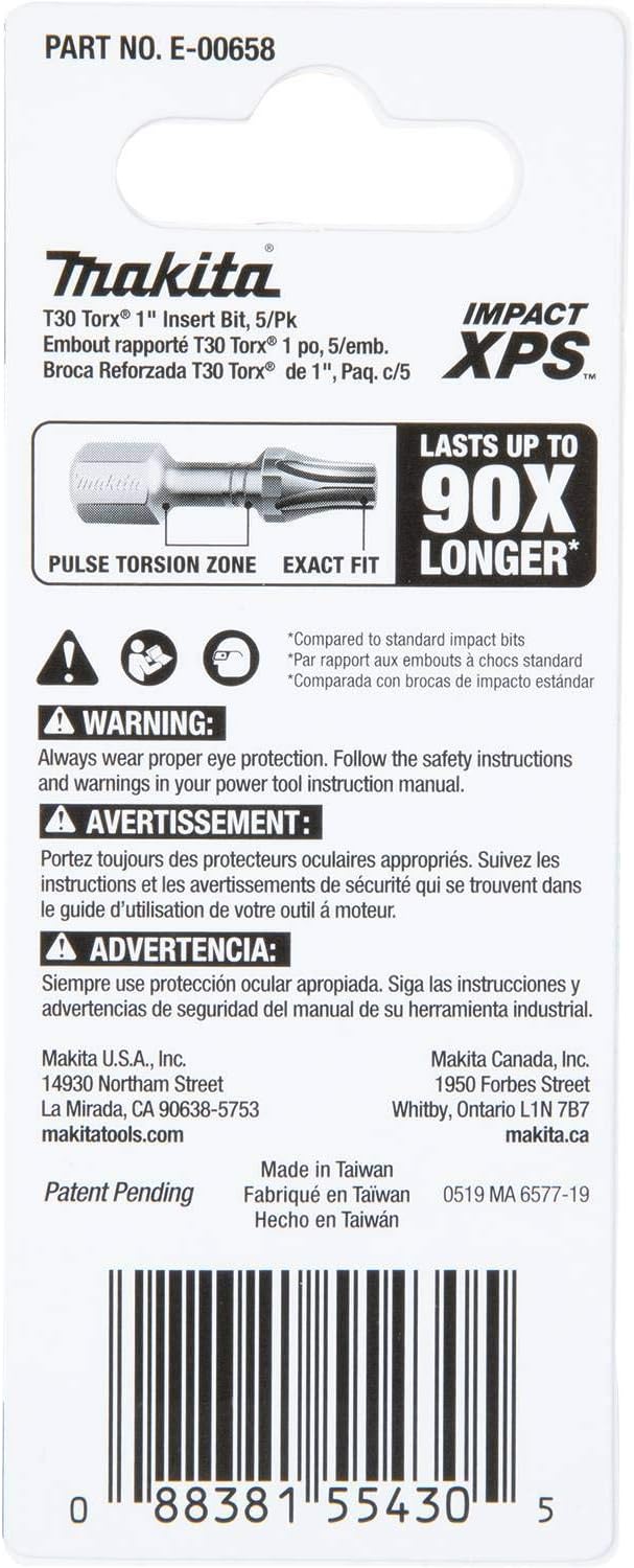 Makita E-00658 Impact XPS T30 Torx 1" Insert Bit, 5/pk 5/pk T30, 5/pk T30