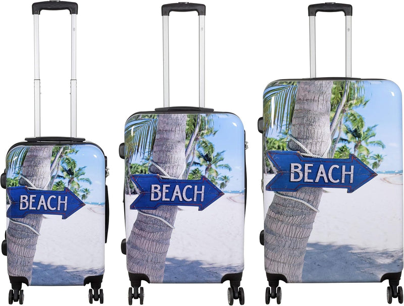 Trendyshop365 Hartschale Koffer-Set mit Motiv 3-teilig Beach 4 Räder Bunt Strand Zahlenschloss Koffe