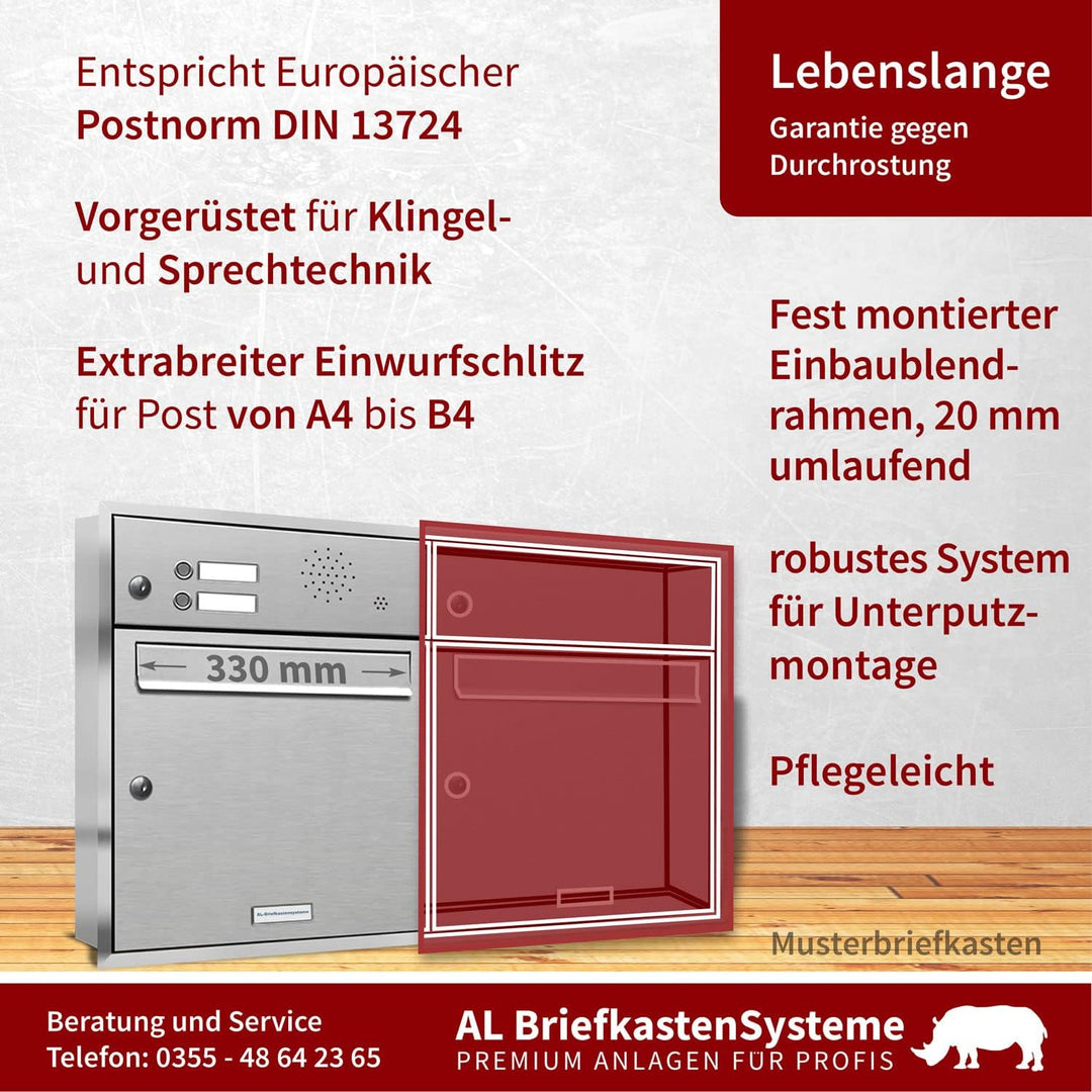 AL Briefkastensysteme, 2er Unterputzbriefkasten, Doppel-Briefkasten mit Klingel, 2 Fach, Briefkasten