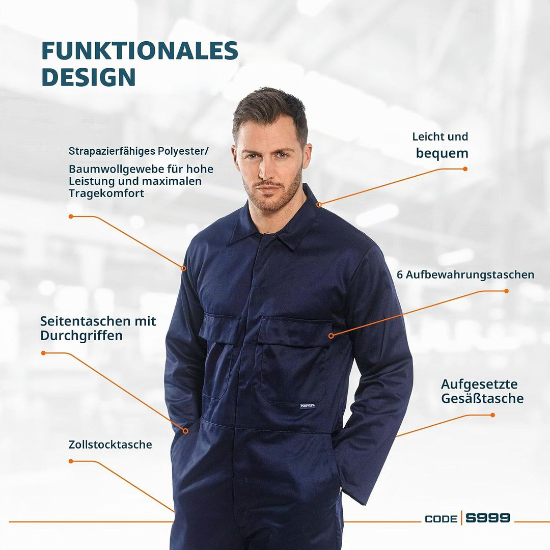 Portwest S999 Herren Euro-Arbeitskleidung Polycotton Overall Arbeitsanzug Royal Blau XXL, Royal Blau