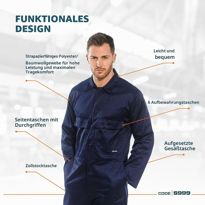 Portwest S999 Herren Euro-Arbeitskleidung Polycotton Overall Arbeitsanzug Blau Navy 3XL, Blau Navy 3