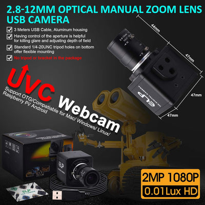 ELP 1080P Weitwinkel Web Kamera mit 2.8-12mm Zoom Objektiv,IMX323 Sensor Webcam Plug & Play für PC,D