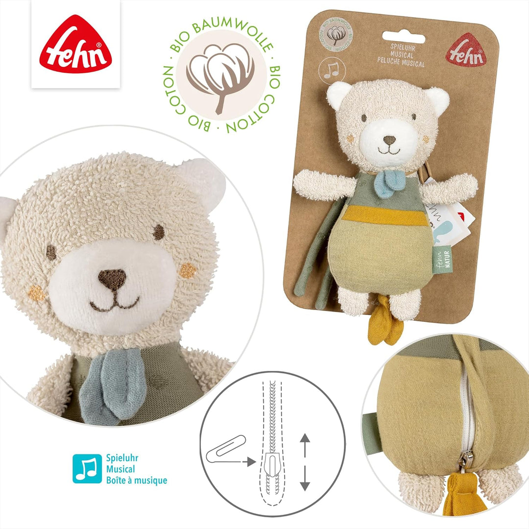 Fehn Mini-Spieluhr Bär fehnNATUR - Kuscheltier & Einschlafhilfe mit Baumwolle (kbA) - beruhigende Me