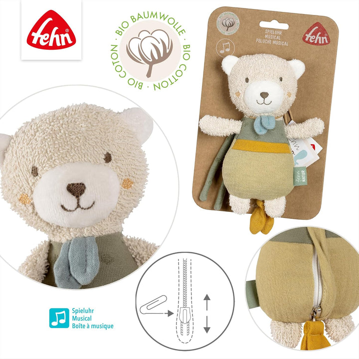Fehn Mini-Spieluhr Bär fehnNATUR - Kuscheltier & Einschlafhilfe mit Baumwolle (kbA) - beruhigende Me