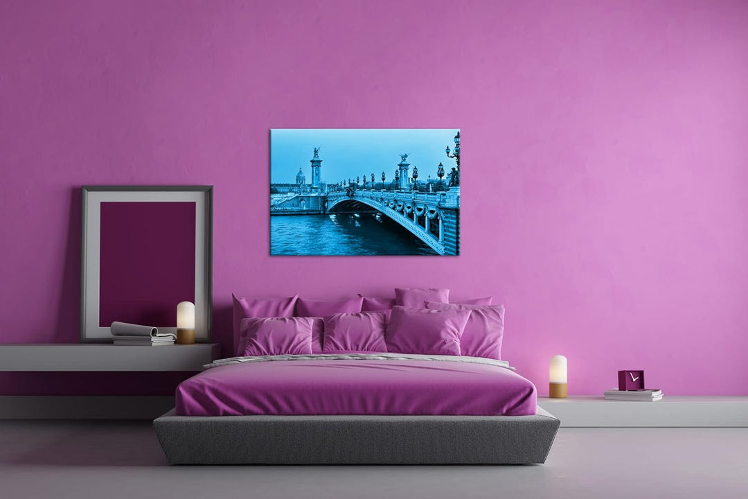 deyoli Brücke am Seineufer in Paris Format 80x60 Effekt: Monocrome Blau als Leinwandbild, Motiv fert