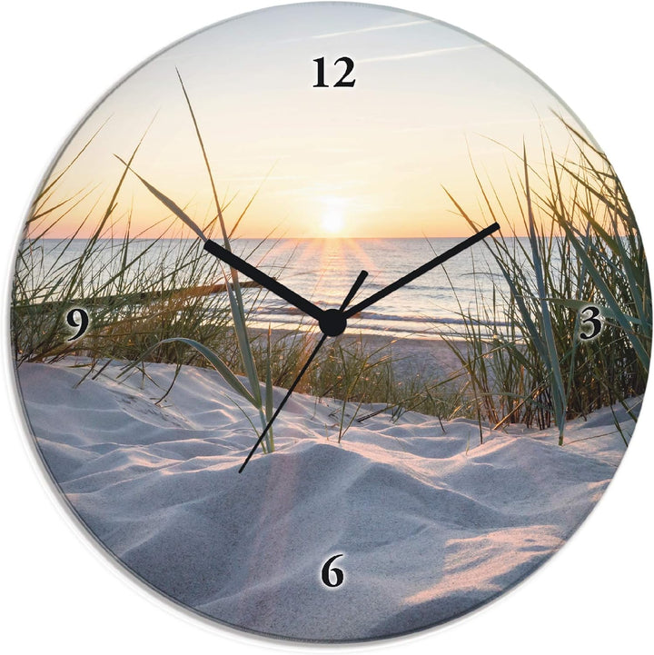ARTLAND Wanduhr ohne Tickgeräusche Glas Quarzuhr Ø 30 cm Rund Lautlos Sonnenuntergang Ostsee Sonnenu