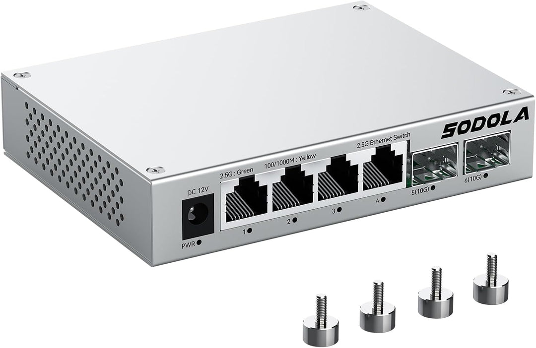 SODOLA 2.5 Gbit Switch– 4X 2,5G Base-T Ports + 2X 10G SFP+, Aluminiumkühlung & Magnetfüsse, Lüfterlo