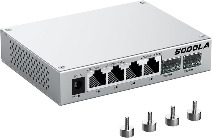 SODOLA 2.5 Gbit Switch– 4X 2,5G Base-T Ports + 2X 10G SFP+, Aluminiumkühlung & Magnetfüsse, Lüfterlo