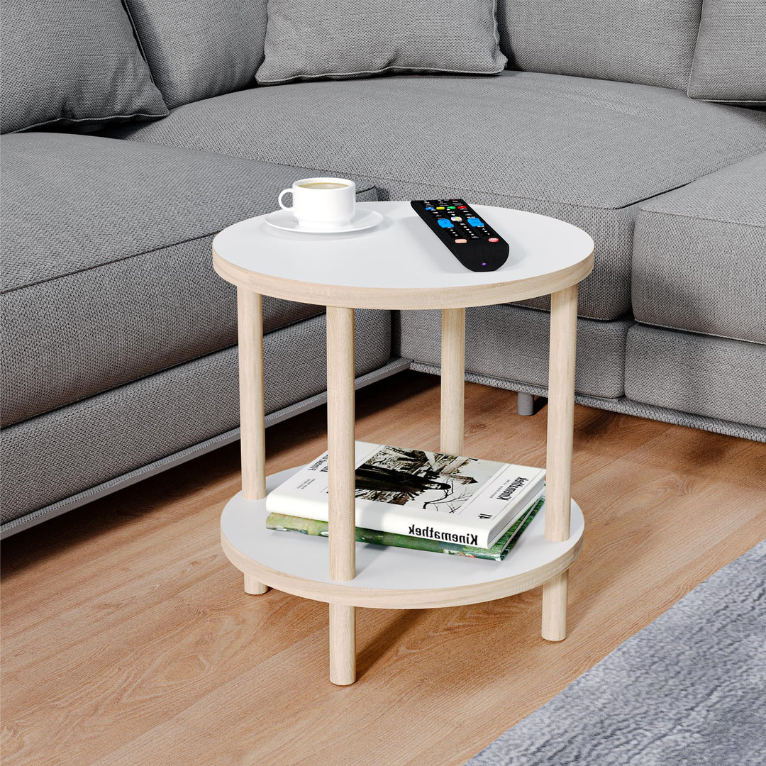 Beistelltisch rund Holz, Ø 42,5 cm, Kleiner Couchtisch rund aus Holz, 2 Ablagen mehr Stauraum, Ideal