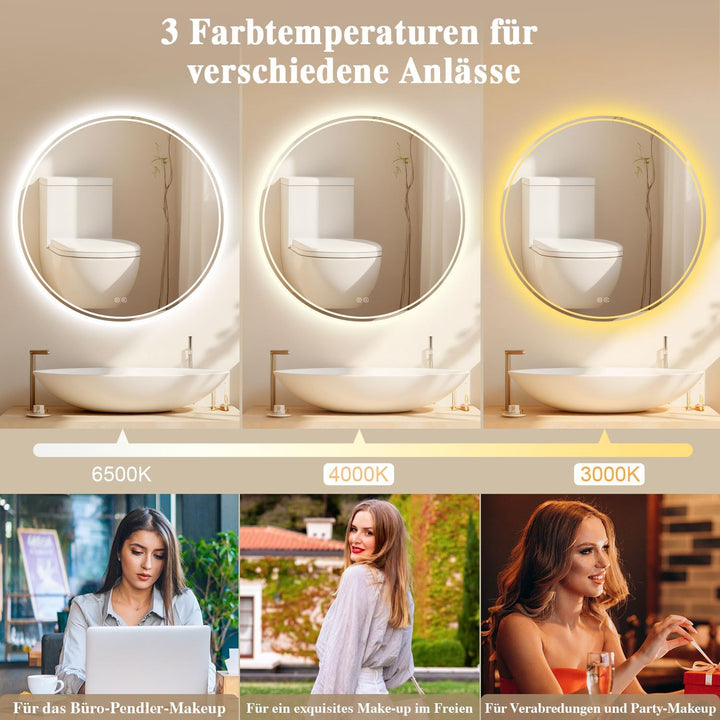 Badspiegel mit Beleuchtung - Badezimmer-Spiegel-LED mit Beschlagfrei, Touch-Schalter, Dimmbar, 3 Lic