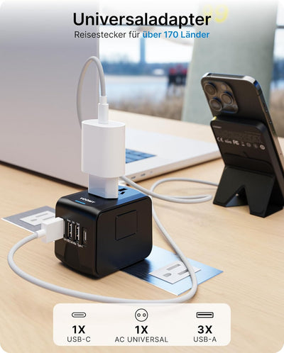 VOOMY Reiseadapter Weltweit, Universal Reisestecker mit 3USB, 1USB, 1AC Steckdose, Reiseadapter Euro