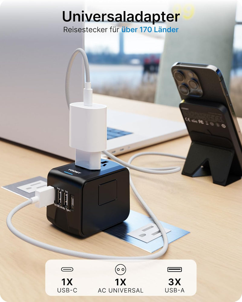 VOOMY Reiseadapter Weltweit, Universal Reisestecker mit 3USB, 1USB, 1AC Steckdose, Reiseadapter Euro