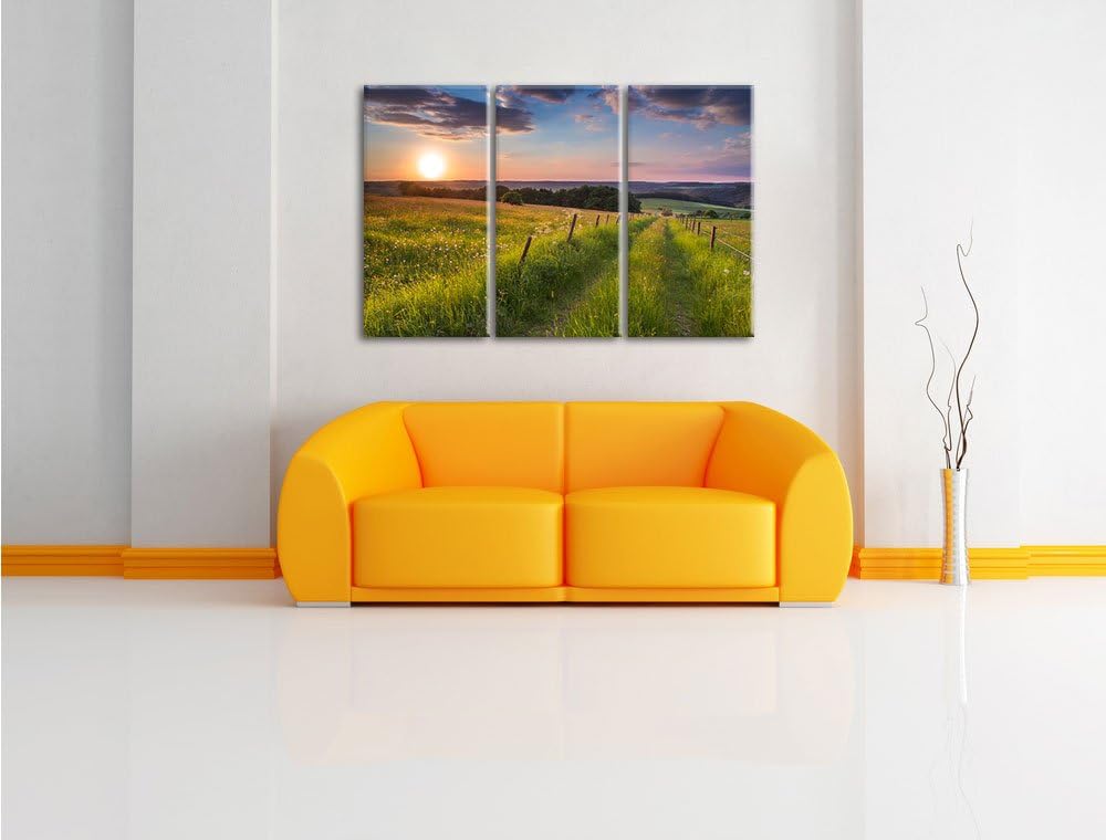 Pixxprint Bergwiese im Sonnenaufgang als Leinwandbild/Grösse: 3 Teilig (120x80) cm/Wandbild/Kunstdru