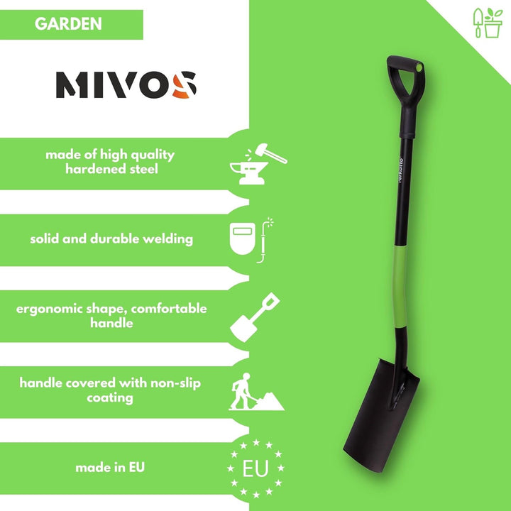 Mivos Runder Gärtnerspaten aus Gehärtetem Stahl - 110 cm - Gartenspaten mit Breite Trittkante - Grab
