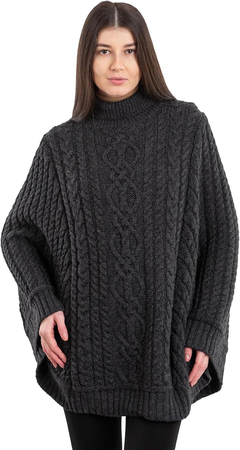 SAOL Zopfmuster Damen Irischer Aran Poncho aus 100% Merinowolle Strickjacke L-XL Dunkelgrau, L-XL Du