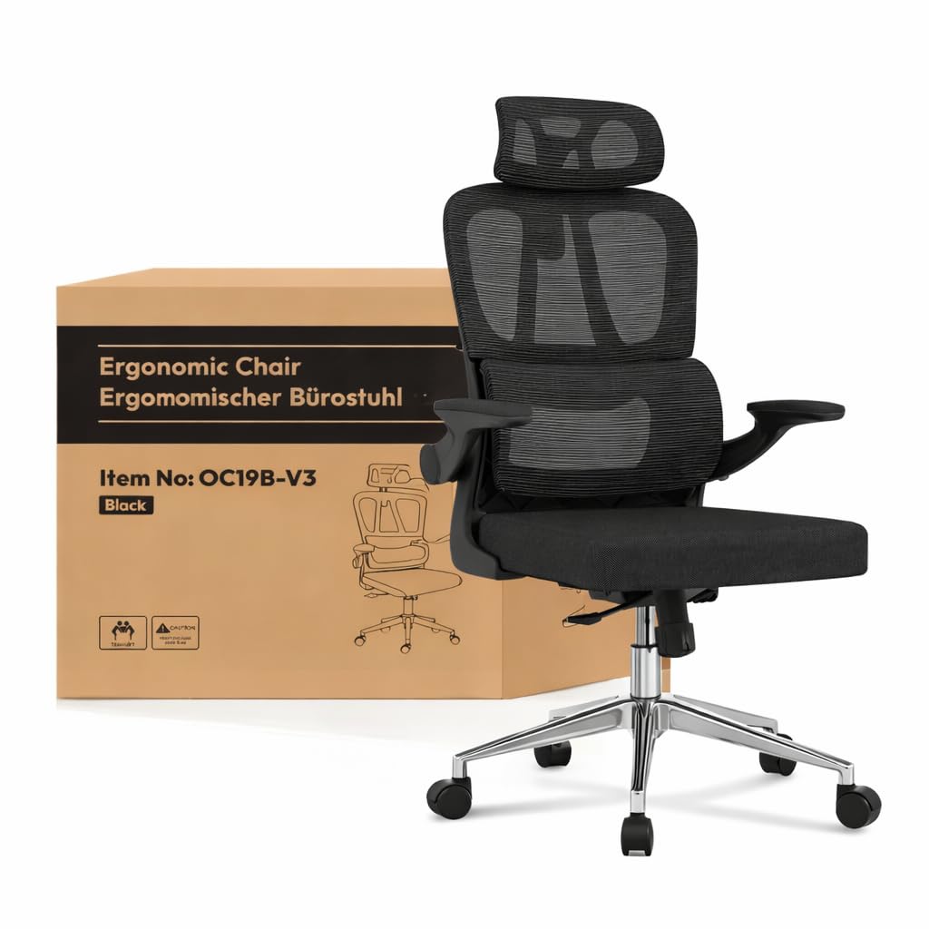 FLEXISPOT Ergonomischer Bürostuhl, Schreibtischstuhl mit 2D-Kopfstütze, Klappbare Armlehnen &amp; Dynami
