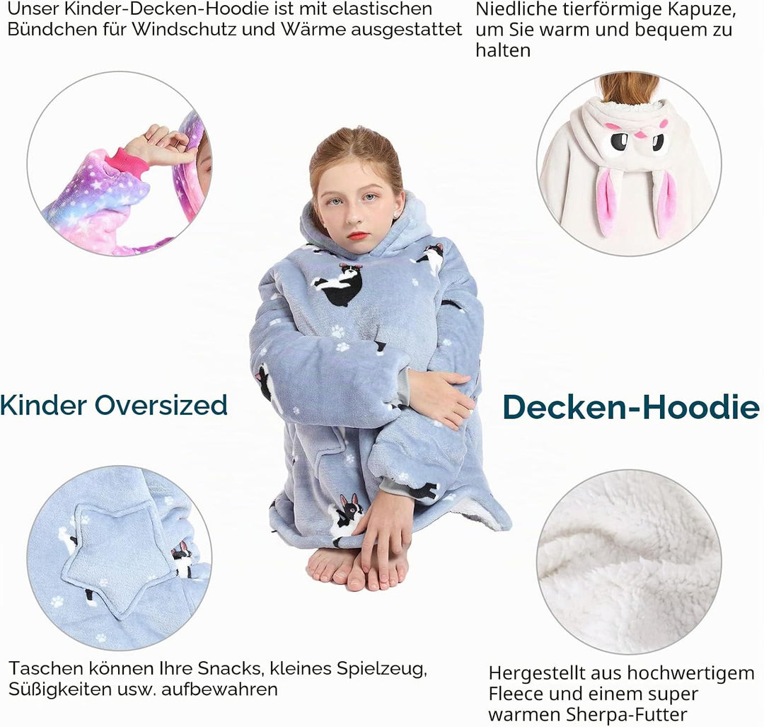 Kinder Oversized Decke Hoodie, Cute Animal Sherpa Fleece Tragbare Decke Hoodie für Kinder Teen, Fluf