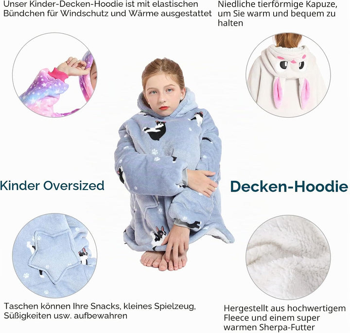 Kinder Oversized Decke Hoodie, Cute Animal Sherpa Fleece Tragbare Decke Hoodie für Kinder Teen, Fluf
