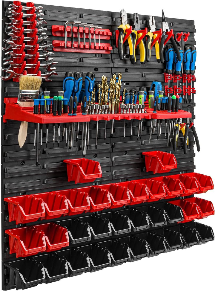Lagersystem Werkstattregal | 78 x 78 cm | 32 stck. Box | Wandregal mit Werkzeughalterungen und Stape