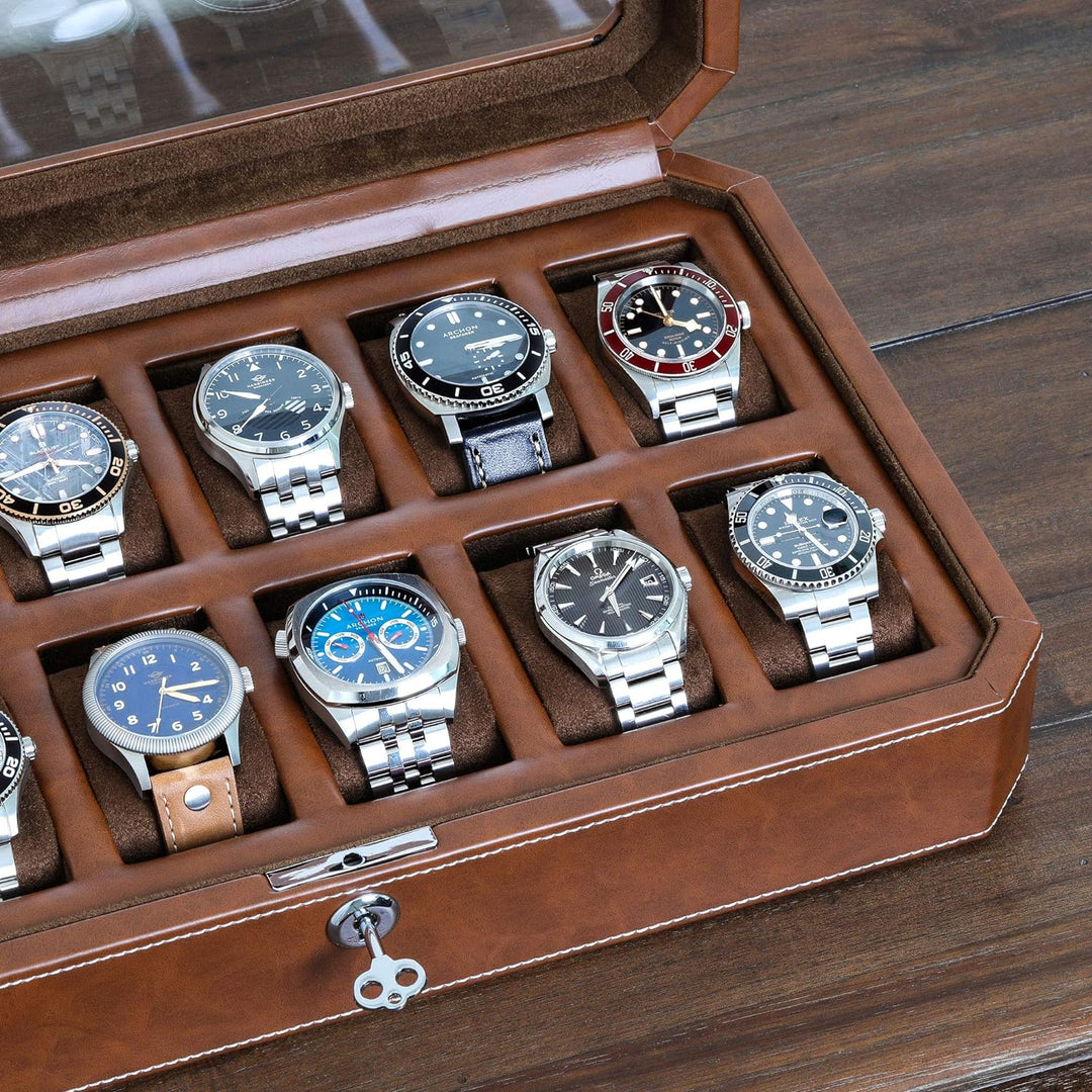 ROTHWELL 12 Slot Leder Uhrenbox - Luxus Uhrengehäuse Display Organizer, Herren Aufbewahrungsboxen Ha