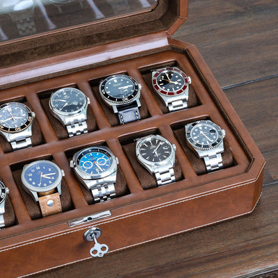ROTHWELL 12 Slot Leder Uhrenbox - Luxus Uhrengehäuse Display Organizer, Herren Aufbewahrungsboxen Ha