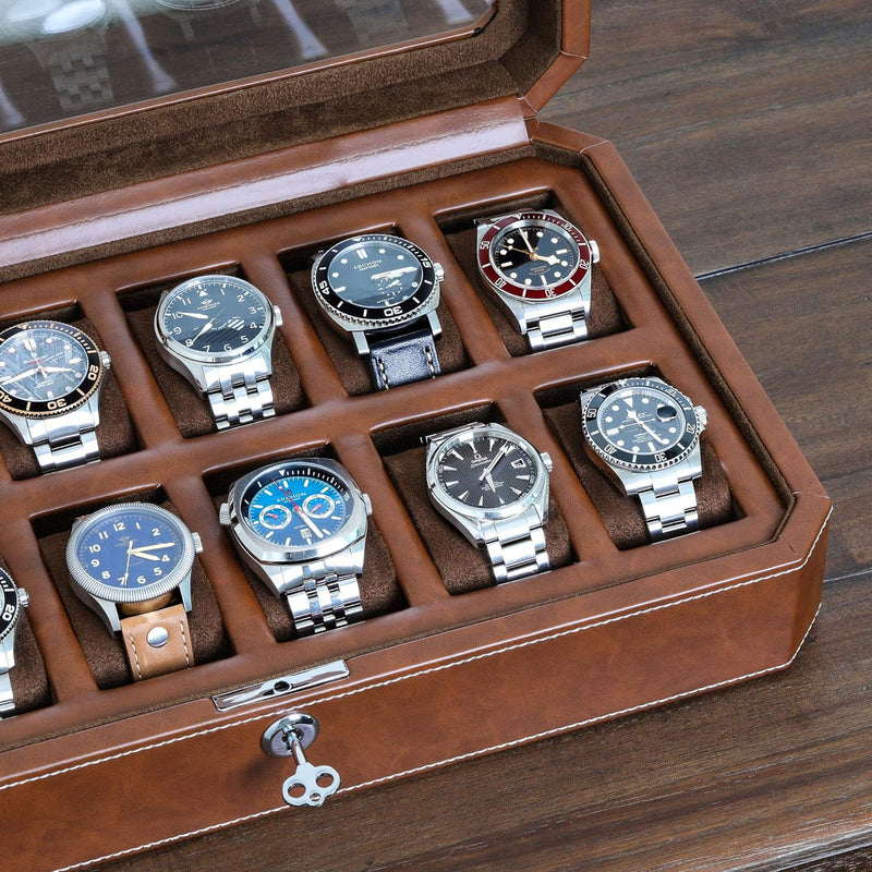 ROTHWELL 12 Slot Leder Uhrenbox - Luxus Uhrengehäuse Display Organizer, Herren Aufbewahrungsboxen Ha