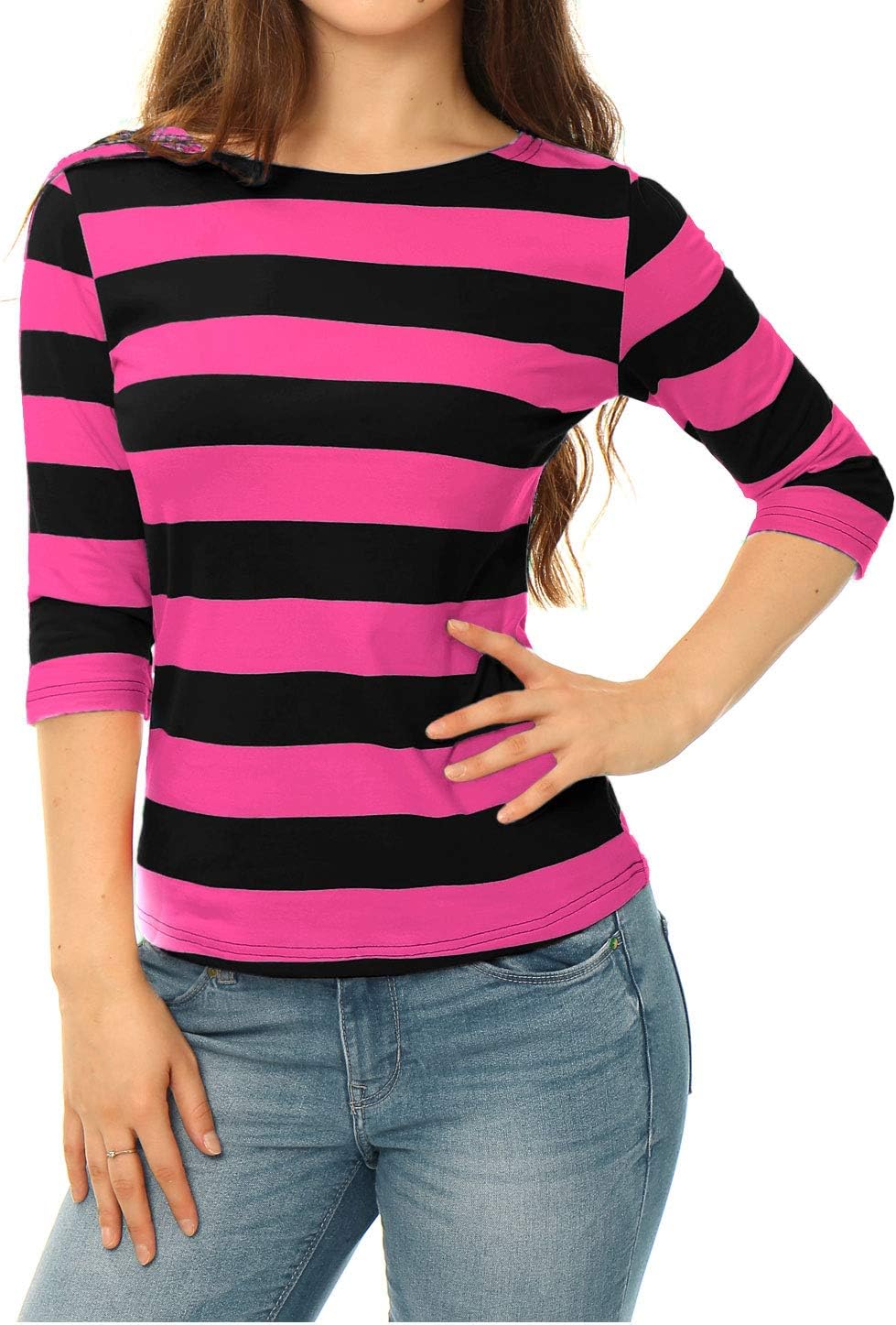 Allegra K Damen Gestreiftes Shirt U Boot Ausschnitt Halbarm Party Ferien Streifen Top Bluse S Fuchsi