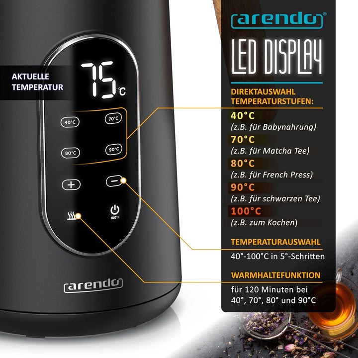 Arendo - Edelstahl Wasserkocher mit Temperatureinstellung 40-100°C - Doppelwand Design Cool Touch -