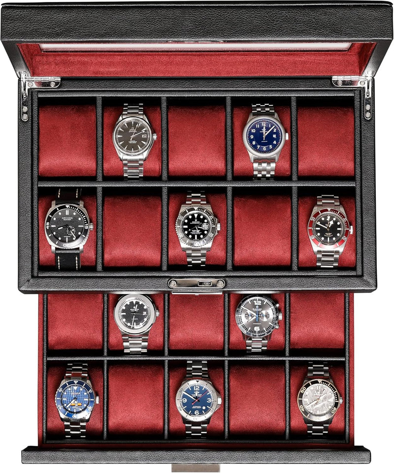 ROTHWELL Uhrenbox aus Leder mit 20 Fächern, luxuriöses Uhrengehäuse, Schmuck-Organizer, verschliessb