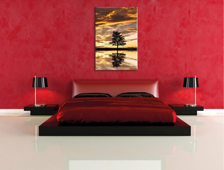 Pixxprint Insel im Meer Baum Sonnenaufgang Steine, Format: 100x70 auf Leinwand, 100x70