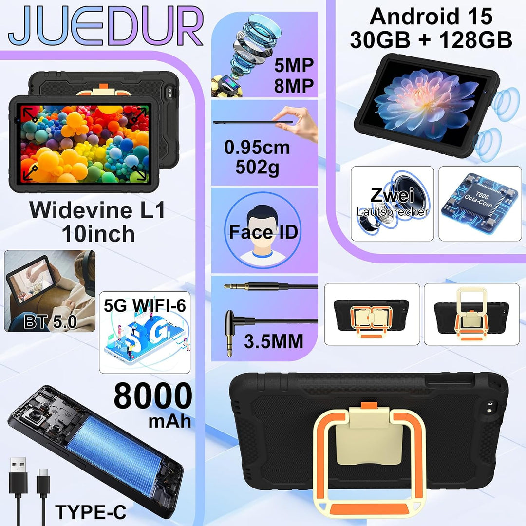Kids Tablet 10 zoll Android 15, 30 GB RAM + 2TB TF, Gemini AI, 5G WLAN 6, Widevine L1, Parental Cont