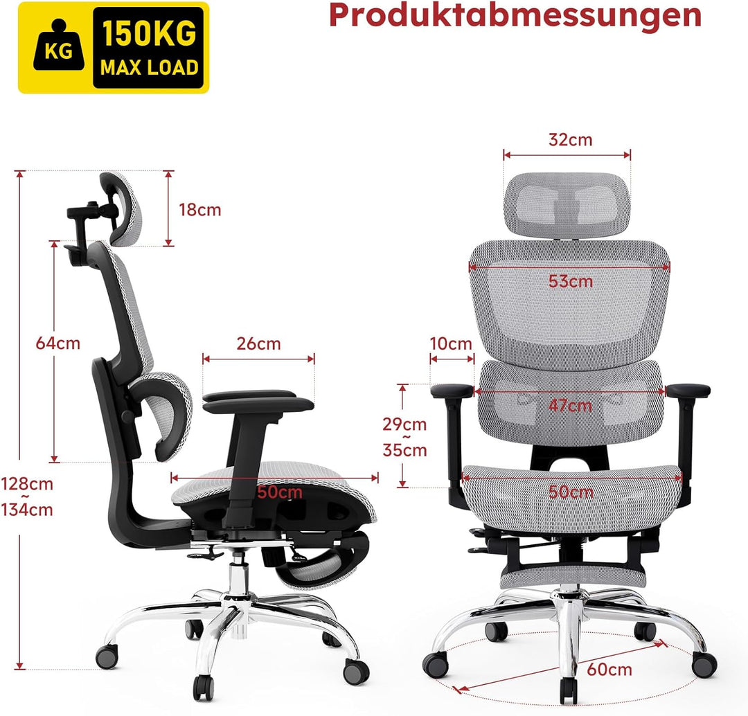 Ergonomischer Bürostuhl Voll-Mesh mit Abnehmbarem Kissen, Fussstütze, Höhenverstellbarem Rückenlehne