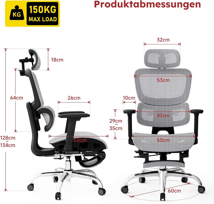 Ergonomischer Bürostuhl Voll-Mesh mit Abnehmbarem Kissen, Fussstütze, Höhenverstellbarem Rückenlehne