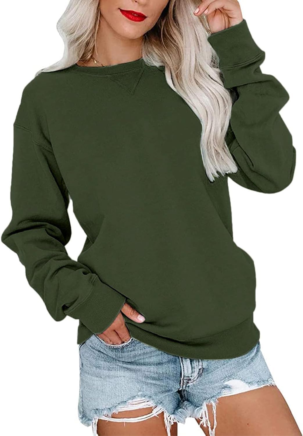 VIGVAN Damen Sweatshirt Pullover Elegant Basic Langarmshirt Rundhals Baumwolle Pulli Herbst Winter C